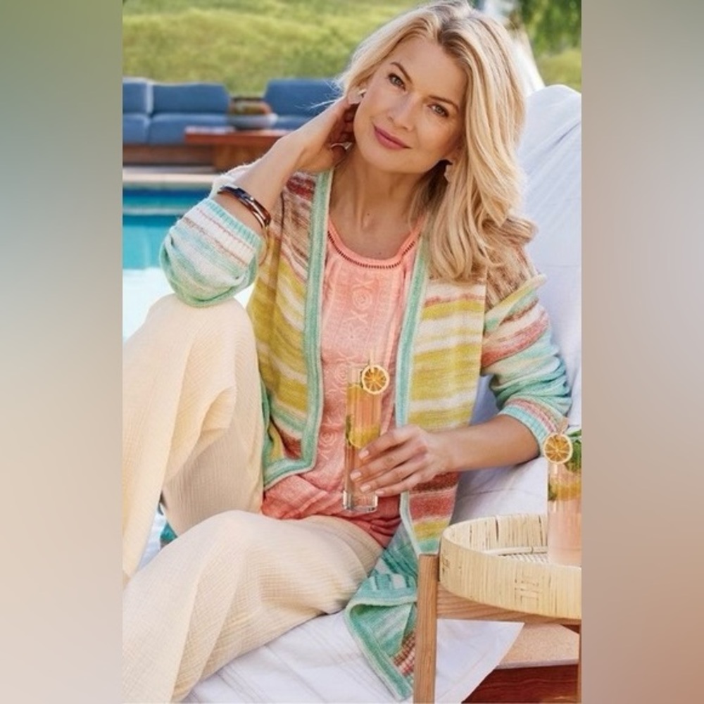 Soft Surroundings Juniper Sweater in Aqua Multi Stripe, Size Large